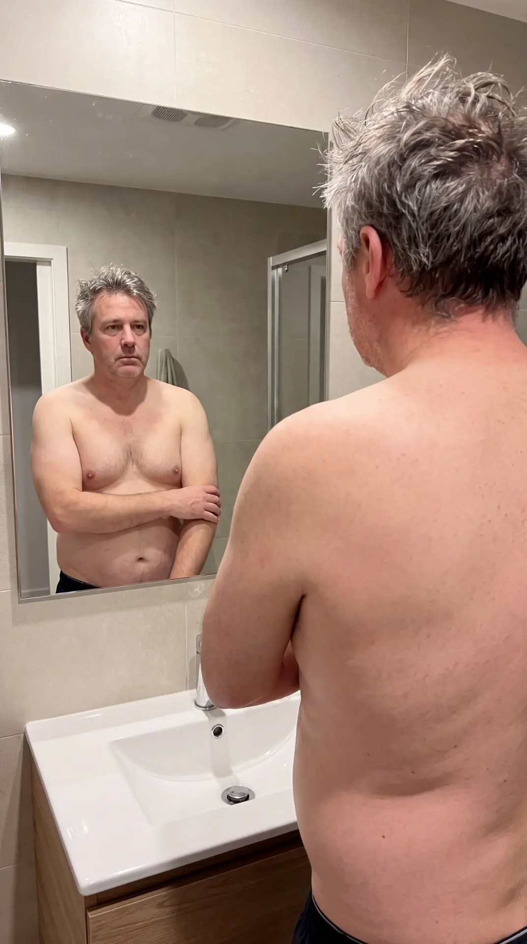Man in his 40s standing shirtless in front of a bathroom mirror