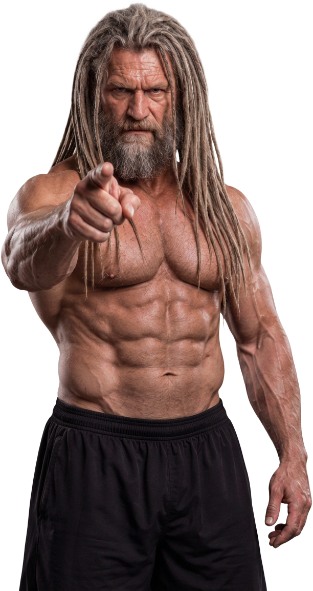 Duke, a lean muscular man in his fifties, pointing at the camera
