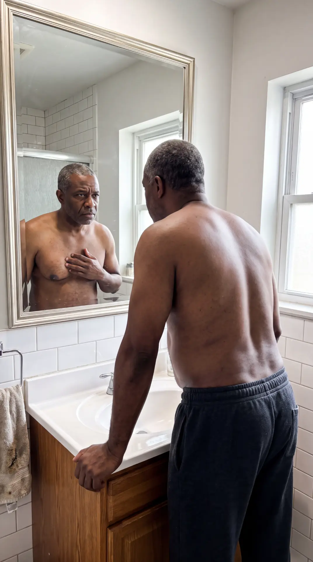 Man in his 50s looking at his chest in a bathroom mirror