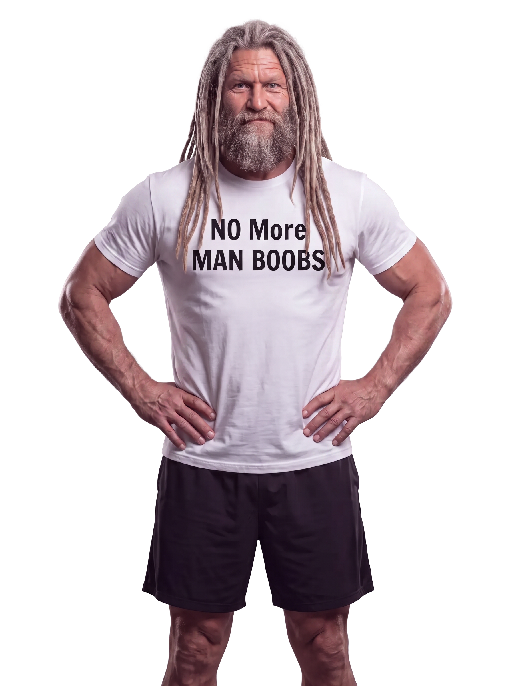 Duke standing confidently in a No More Man Boobs t-shirt